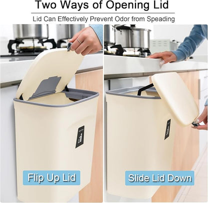 Tiyafuro 2.4 Gallon Kitchen Compost Bin for Counter Top or Under Sink, Hanging Small Trash Can with Lid for Cupboard/Bathroom/Bedroom/Office/Camping, Mountable Indoor Compost Bucket, Beige