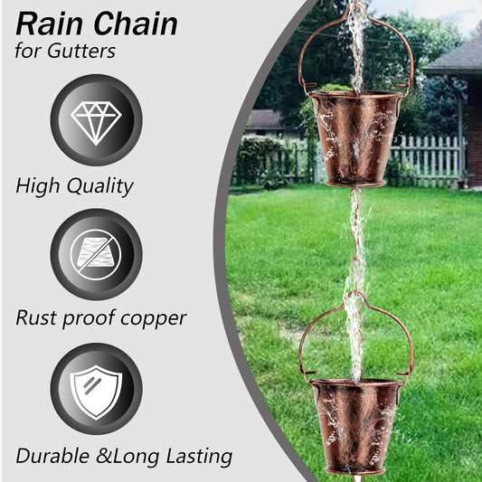 Rain Chain for Outside with Adapter,Wrought Iron Rain Chains 9 FT Set,Rain Chains Gutter with Brown Rain Chain 16 Cup and Decorative Hangers