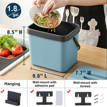 Compost Bin Kitchen, LALASTAR 7L Wall-Mounted Under Sink Small Garbage Can for Kitchen, Odor-Free Food Waste Basket Bin, 1.8 Gallons, Blue