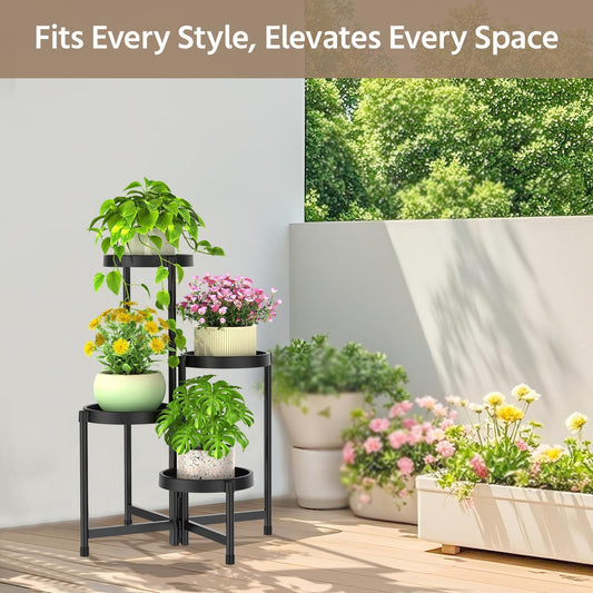 LASZOLA 4 Tiered Folding Plant Stand Indoor for Multiple Large Planter, Tall Heavy Duty Adjustable Rack with Rust Proof Plastic Shelving, Sturdy Vertical Tree Organizer for Narrow Inside Floor, Black