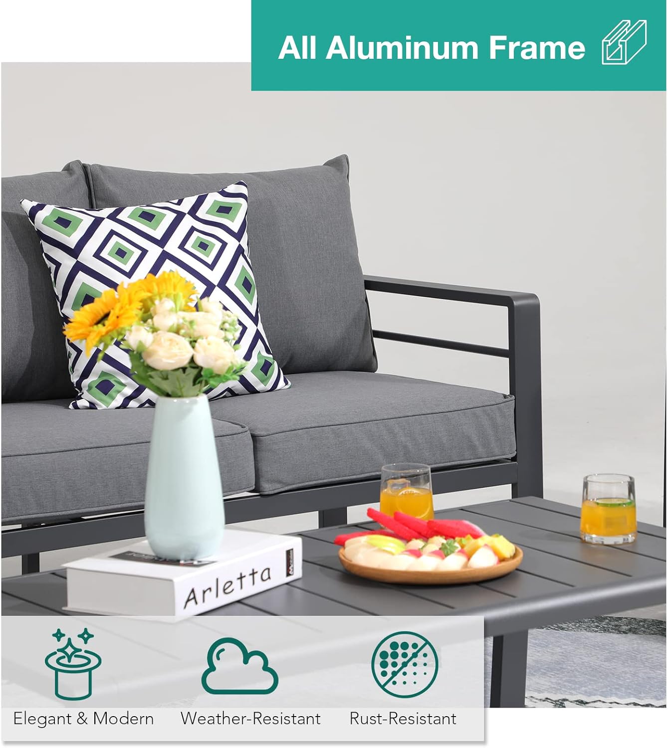 Patiorama Aluminum Patio Furniture Set, Outdoor Patio 3-Seater Sofa, 3 Seats Couch, All Weather Dark Grey Metal Chair with Olefin Cushion, Deep Seating, 800 lbs Capacity, Deck, Garden-Grey Cushion