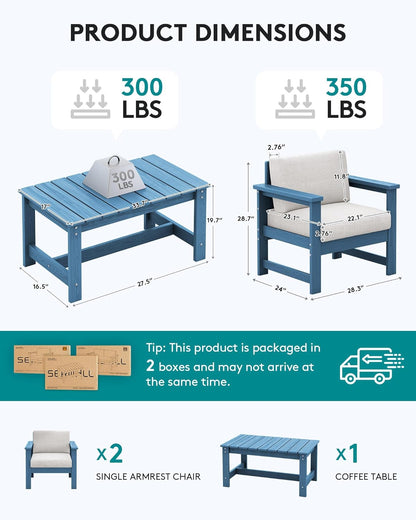 SERWALL 3 Pieces HDPE Outdoor Sofa Bistro Set with Cushion, Patio Outdoor Furniture Sofa Sets with Porch Chairs and Coffee Table, Blue Frame/Khaki Cushion
