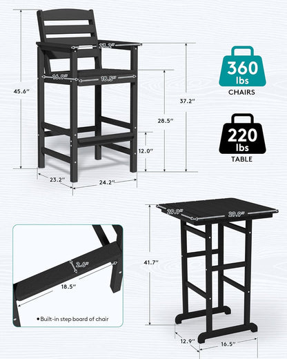 SERWALL 4 Pieces Outdoor Patio Bar Set with 9ft Umbrella, Outdoor HDPE Barstool and Table Furniture Set with Patio Umbrella, Black