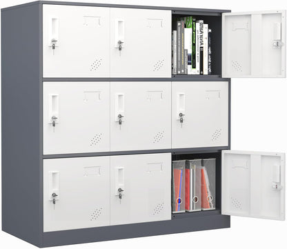 9 Doors Metal Lockers for Employees, Steel Storage Locker with Lock and Card Slot,Lockable Office Metal Storage for School Office Gym Bedroom,Garage(Gray)