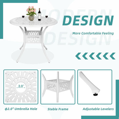 MEETWARM 3 Piece Patio Bistro Set, Outdoor All-Weather Cast Aluminum Dining Furniture Set Includes 2 Chairs and a 35.4” Round Table with Umbrella Hole for Garden Deck, White