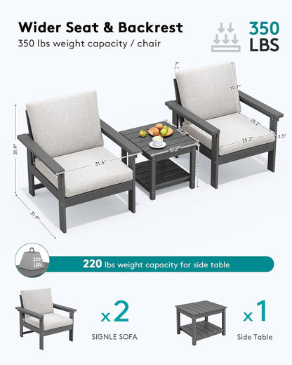 SERWALL HDPE Patio Sofa Set, 3-Piece Sectional Outdoor Furniture Set, All Weather Outdoor Couch Set Patio Furniture Set for Deck, Lawn, Grey Frame with Khaki Cushion