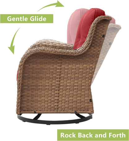 Outdoor Patio Swivel Rocker Chairs - 3 Piece Patio Bistro Set,Wicker Patio Furniture Set with 2 Swivel Rocking Chairs and 1 Glass Top Side Table for Deck Porch Garden,Yellow/Red
