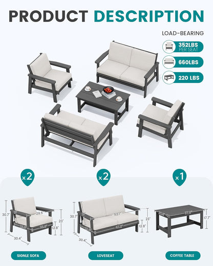 SERWALL HDPE Patio Furniture Set, 5 Piece All Weather Wood-Like Sectional Outdoor Furniture Set, Grey Patio Sofa Couch with Khaki Cushions for Deck, Lawn