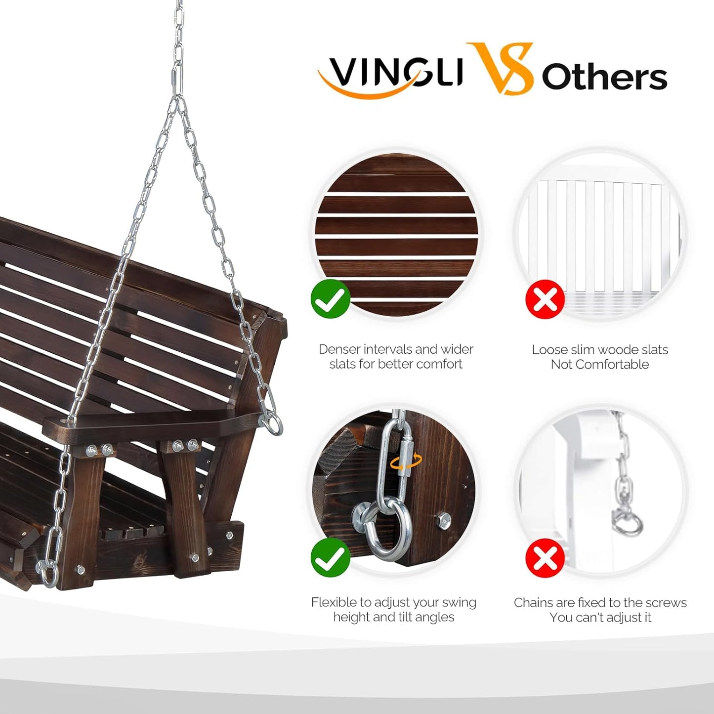 VINGLI Heavy Duty 880 LBS Patio Porch Swing Outdoor PU Painting, Hanging Chair with Adjustable Secure Chains, Finished Outdoor Bench Tree Swing for Yard | Garden | Lawn | Balcony (5 FT, Rustic)