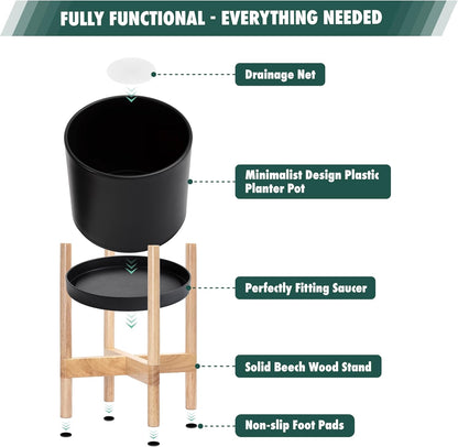 D'vine Dev Planter Pot with Stand - 12 Inch Plastic Cylinder Flower Pot with Wood Planter Holder for Indoor, Matte Black Pot + Natural Stand, 55-C-P-2