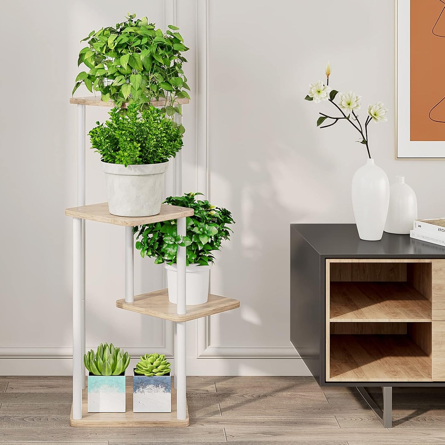AZERPIAN Plant Stand 4 Tier Indoor Metal Flower Shelf for Multiple Plants Corner Tall Flower Holders for Patio Garden Living Room Balcony Bedroom, Black (4 Tier-White)