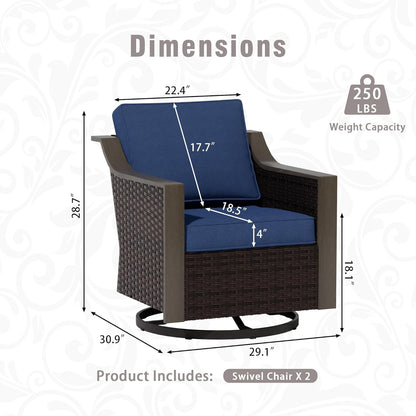 Outdoor Wicker Swivel Chair Set of 2, All-Weather Use Patio Rattan Chair with Removable Water-Resistant Cushion, Ideal for Porch, Backyard, Balcony, Poolside, Blue