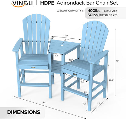 VINGLI Tall Adirondack Chairs Set of 2, HDPE Balcony Chair with Double Connecting Tray Weather Resistant Outdoor Bar Stools for Patio Deck Lawn Pool Backyard (Blue)