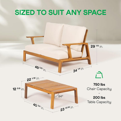 IDZO Jasper Solid Acacia Wood Loveseat Patio Set with Beige Cushions & Coffee Table – Modern Outdoor Furniture for Poolside, Garden, or Deck