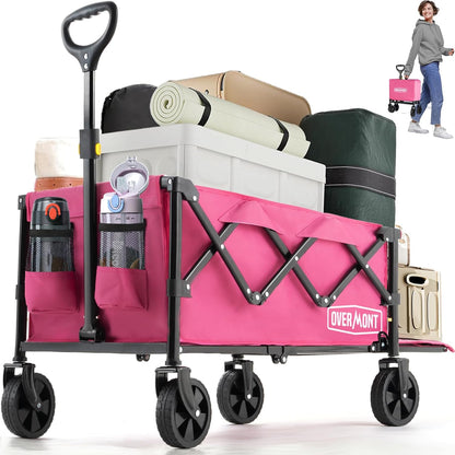 OVERMONT Collapsible Wagon with Tailgate - 220lbs Extended Lightweight Foldable Utility Wagons Folding Cart with Wheels - Small Garden Grocery Cart for Shopping,Grocery,Sports,Garden