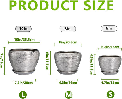 Ceramic Planters - 10 Inch 8 Inch 6 Inch Plant Pots Indoor with Drainage Holes and Saucer Mid-Century Large Planters Outdoor Flower Pots for Home Decor Set of 3 Silver