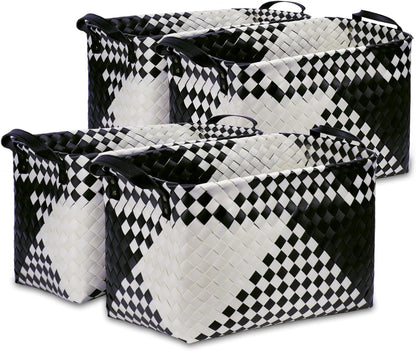 BROWNLILY Handwoven Clothes Basket Laundry Hampers Large Wicker Storage Baskets for Shelves Blankets Closet Storage Bins Car Bedroom Bathroom Organizers and Storage Bath (Pack of 4, Beige & Black)