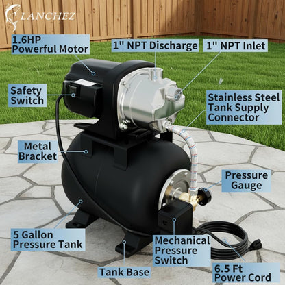 LANCHEZ 1.6HP Shallow Well Pump with Pressure Tank, 115V 1340GPH Automatic Irrigation Water Booster Jet Pump, Stainless Steel Water Transfer Pump for Home Garden Lawn Sprinkler Irrigation, Matte
