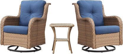 Outdoor Swivel Rocker Patio Chairs - 360 Degree Swivel Glider Seating 350LBS Weight Capacity 3 Piece Wicker Rocking Chairs Set with Side Table for Porch Balcony Deck, Yellow/Blue