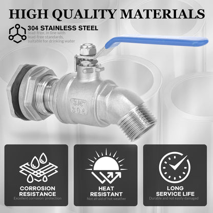 Rain Barrel Spigot Kit High Flow Water Barrel Faucet 3/4"NPT to 3/4"GHT 304 Lead-Free Compliant Stainless Steel Faucet for Rain Barrels,Rain Barrel Quarter Turn Spigot with Bulkhead Fitting