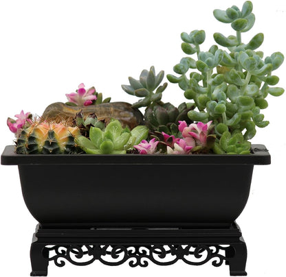 Bonsai Pots 7.5 Inch Antique Brown Bonsai Training Pots with Elegant Stand 2-Pack with Mesh Drainage Luxurious Indoor Recycled Plastic Planters