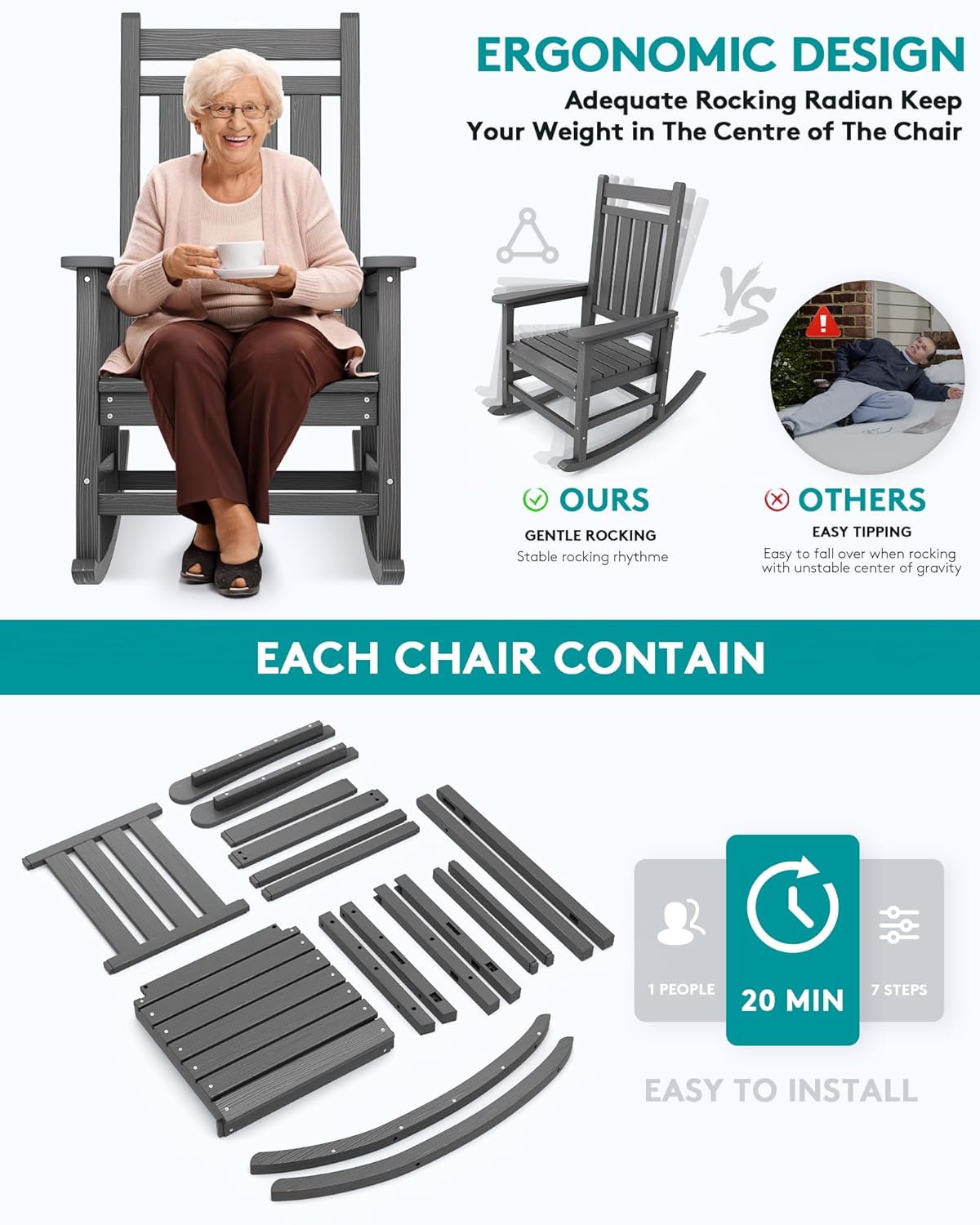 SERWALL Outdoor Rocking Chair Set of 4, HDPE Rocking Chairs for Adult, All Weather Porch Rockers for Lawn Garden, Grey