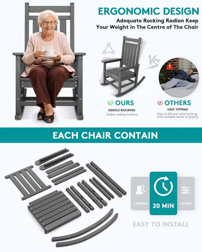 SERWALL Outdoor Rocking Chair Set of 4, HDPE Rocking Chairs for Adult, All Weather Porch Rockers for Lawn Garden, Grey
