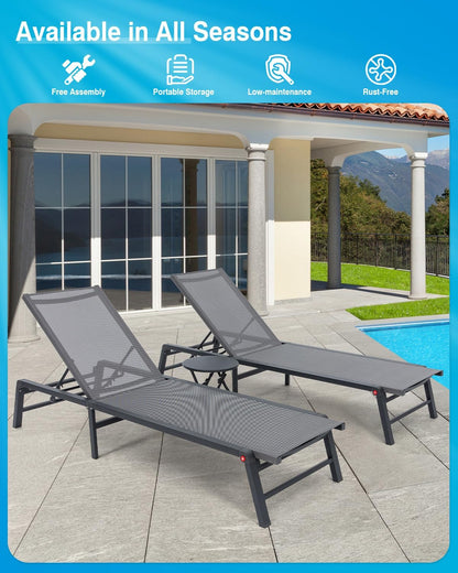 Aluminum Chaise Lounge Chair Outdoor, Foldable Patio Lounge Chair 2 Sets with Table Assemble-Free, Pool Lounge Chairs with 5 Adjustable Backrest, Outdoor Lounge Chairs for Outside Poolside Brown