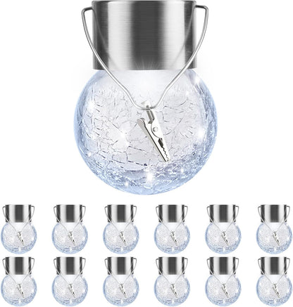 PARTPHONER 12 Pack Hanging Solar Lights Outdoor, Waterproof Solar Globe Lantern with Handle and Clip, Decorative Cracked Glass Ball Lights for Christmas Decor, Tree, Yard, Garden, Patio (Cold White)
