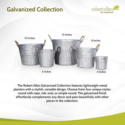 Headwind Round Galvanized Bucket w/Rope Handles – 8 Inch Metal Tub Bucket Planter for Outdoor Plants with Drainage Hole – Galvanized Large Outdoor Planters Buckets by Robert Allen