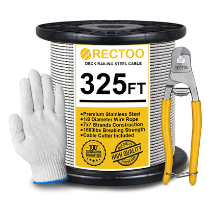325FT 1/8" T316 Stainless Steel Cable with Cutter, 7x7 Strands Aircraft Wire Rope for Deck Railing, Stair Handrail, Porch Fence, High Strength for Indoor and Outdoor Use