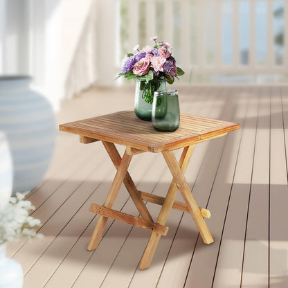 Teak Wood Patio Side Table, Square Folding Outdoor Side Table Waterproof, Sturdy Portable Bistro Table for Camping Deck Poolside