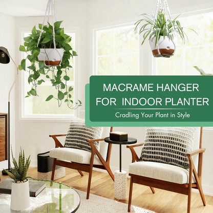 Set of 2-8 Inch Hanging Planters for Indoor Plants with Self-Watering Includes Hanging Pots for Plants, Outdoor Plant Pot with Drainage, and 2 Types of Hanging Baskets Hangers (White)