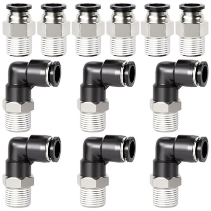 TAILONZ PNEUMATIC Elbow and Straight Combination 3/8 Inch Tube OD x 1/4 Inch NPT Thread Push to Connect Fittings PC-3/8-N2+PL-3/8-N2(Pack of 12)