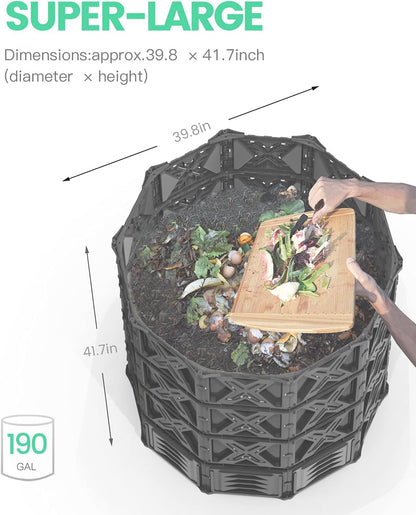 Large Compost Bin - 190 Gallon (720 L) Garden Composter with Better Aeration System, Easy Assembling/BPA Free/Sturdy/Outdoor Compost Tumbler