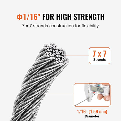 VEVOR 1/16 Wire Rope Kit, 66 FT Wire Rope Crimping Tool 304 Stainless Steel Cable, 160 Sleeves, 12 Thimbles, 7x7 Strands Construction Marine Aircraft Grade for Handrail Stair Decking Fence Outdoors