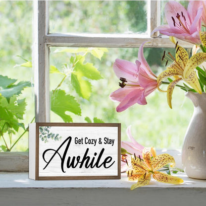 Get Cozy And Stay Awhile Wooden Box Sign Desk Decor,Rustic Family Saying Wood Block Sign for Home Farmhouse Bedroom Shelf Tabletop Wall Decor