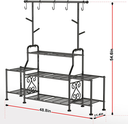 GIOTORENT 3-Tier Tall Metal Plant Stand Indoor Outdoor - Heavy Duty Plant Shelf for Garden, Patio, Balcony with 5 Hanging Hooks, Holds 16-25 Plants, Black