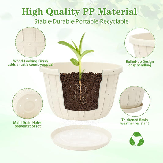 Quarut 10 inch Plastic Flower Pots for Indoor Plants，4 Pack Large Outdoor Planter Pot with Drainage Holes & Saucers，Imitation Wine Barrel Design，for Indoor Outdoor Garden Plants（White）