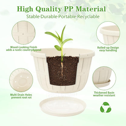Quarut 14 Inch Plastic-Flower-Pot-for-Indoor-Plants, 4 Pack Large Outdoor Planter Pot with Drainage Holes & Saucers, Resin Decorative Garden Pots Planters（White）