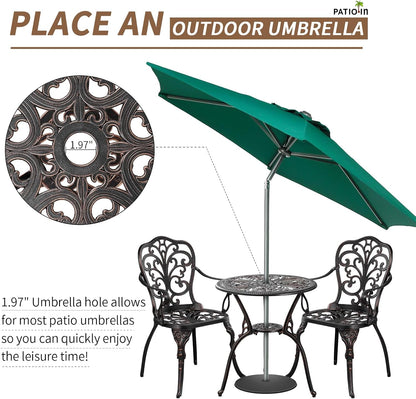 Patio Bistro Set 3 Piece Cast Aluminum Bistro Set, Outdoor Bistro Table and Chairs Set of 2 with Umbrella Hole for Porch, Lawn, Garden, Backyard, Pool (Brown)