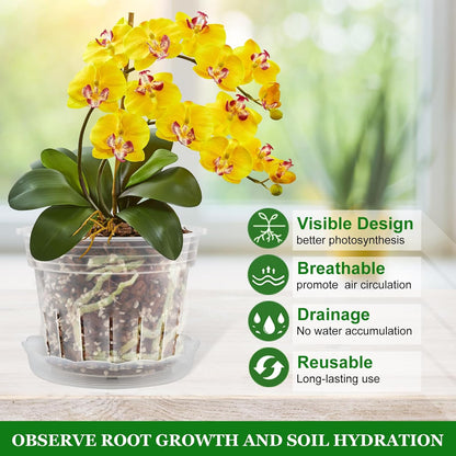 REMIAWY Orchid Pot, 12 Orchid Pots with Holes and 9 Saucers, 3 Each of 4.1, 4.8, 5.7 and 6.4 Inch Clear Flower Planter for Repotting, Plastic Breathable Plant Nursery Planters with Drainage