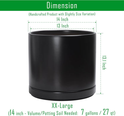 D'vine Dev 14 Inch Ceramic Planter Pot with Drainage Hole and Saucer, Indoor Cylinder Round Planter Pot, Black, 94-O-G-2