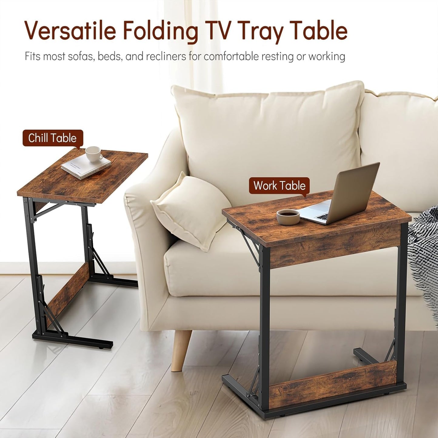 Tatub 24" Folding C Shaped End Table Set of 4, Small Sofa Side Laptop Desk, Couch TV Tray Table for Living Room, Bedroom, Rustic Brown