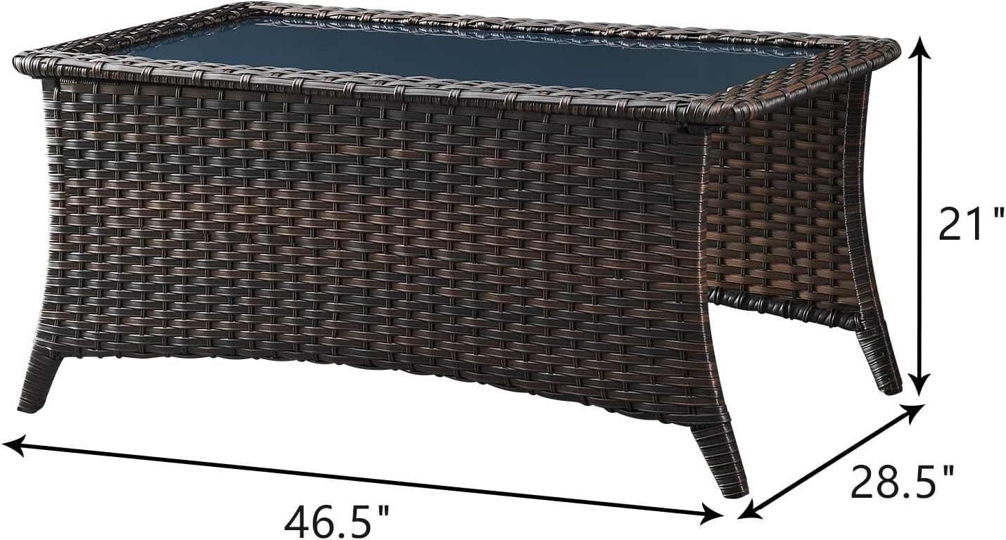 Patio Tables Wicker Coffee Table - Outdoor Rattan Coffee Tables with Glass Top for Patio Proch Deck Balcony Rectangle Brown