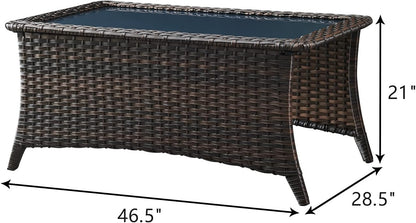 Patio Tables Wicker Coffee Table - Outdoor Rattan Coffee Tables with Glass Top for Patio Proch Deck Balcony Rectangle Brown