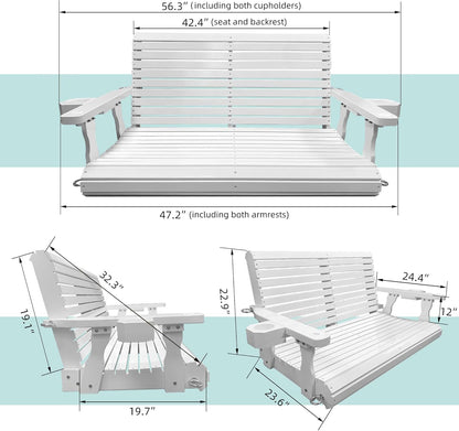 Wooden Porch Swing 2-Seater, Bench Swing with Cupholders, Hanging Chains and 7mm Springs, Heavy Duty 800 LBS, for Outdoor Patio Garden, Pure White, 4 FT Extra Large