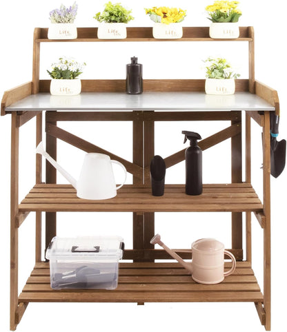 Folding Potting Bench Table,Outdoor Potting Bench Garden Wooden Potting Table,Fir Wood Workstation Planting Table with Galvanized Tabletop,2 Tier Storage Shelves,Top Shelf(Brown)