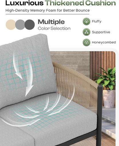 Aluminum Outdoor Patio Furniture Set, HDPE Rope 4 Piece Modern Sectional Conversation Sets with Dual-Layer Coffee Table, All Weather Patio Couch Sofa with Thick Cushions, Gray Frame, Gray