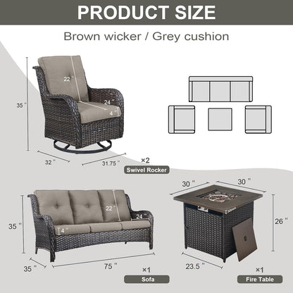 Outdoor Patio Furniture Set with 50000BTU Propane Fire Pit Table, 4 Pieces Wicker Patio Conversation Set with 2 Swivel Rocker Glider Chairs Rattan Sofa Blue Cushion Perfect for Casual Gathering